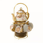 20-Piece Floral Porcelain Tea Set with Metal Holder & Teapot - European Ceramic Espresso Cup and Saucer Set, 3.3oz Cups 15oz Teapot, Afternoon Tea Gift for Golden Pink Purple Flower