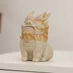 Pixiu Statue Wealth & Blessings Stone Figurine with Golden Floral Designs – Feng Shui Mythical Creature Decorative Sculpture for Living Room, Cabinet, Office & Home Display Gift