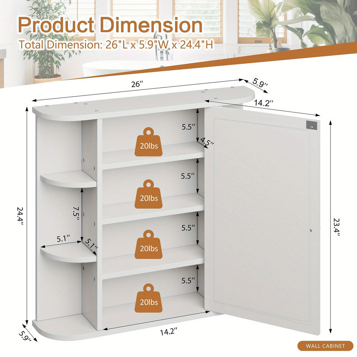 Bathroom Medicine Cabinet Wall Mounted with Mirror & 6 Open Side Shelves – White Wall Cabinet for Bathroom Storage & Organization