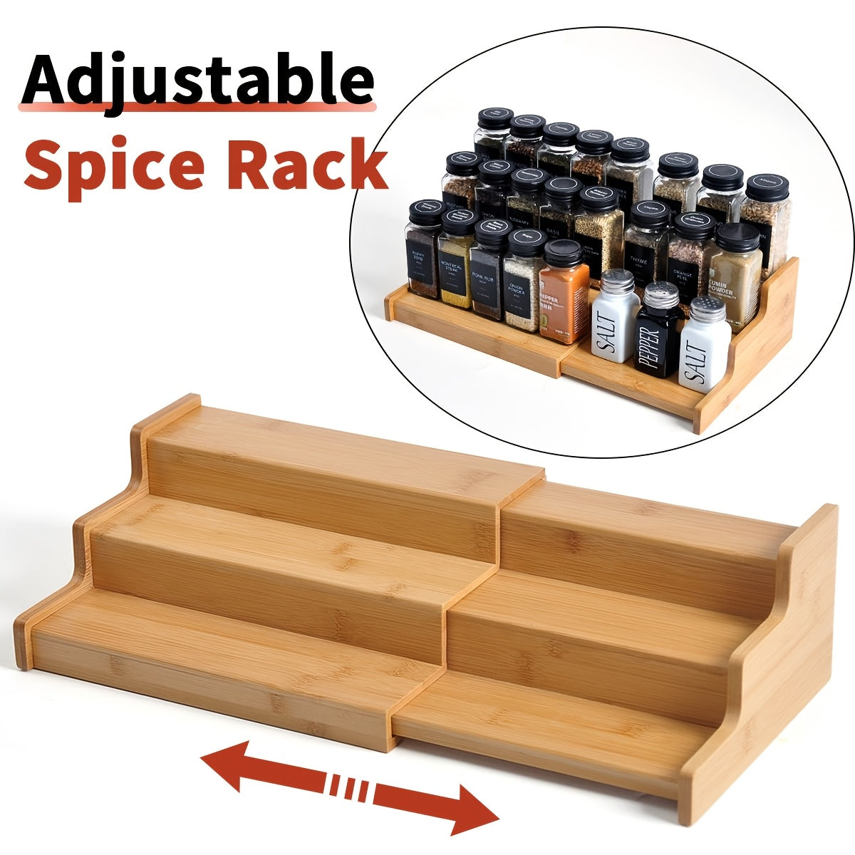 Bamboo 3-Tier Ladder Spice Rack & Kitchen Cabinet Organizer – Expandable Countertop Shelf for Spice Jars, Bottles & Pantry Storage – Space-Saving Kitchen Display Stand