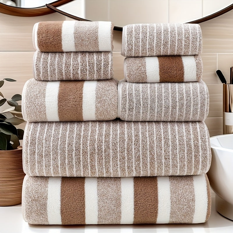 8-Piece Hotel-Quality Striped Bath Towel Set – Lint-Free Super Absorbent Two-Color Towels | 2 Large Bath Towels, 2 Medium Bath Towels & 4 Washcloths