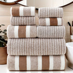 8-Piece Hotel-Quality Striped Bath Towel Set – Lint-Free Super Absorbent Two-Color Towels | 2 Large Bath Towels, 2 Medium Bath Towels & 4 Washcloths