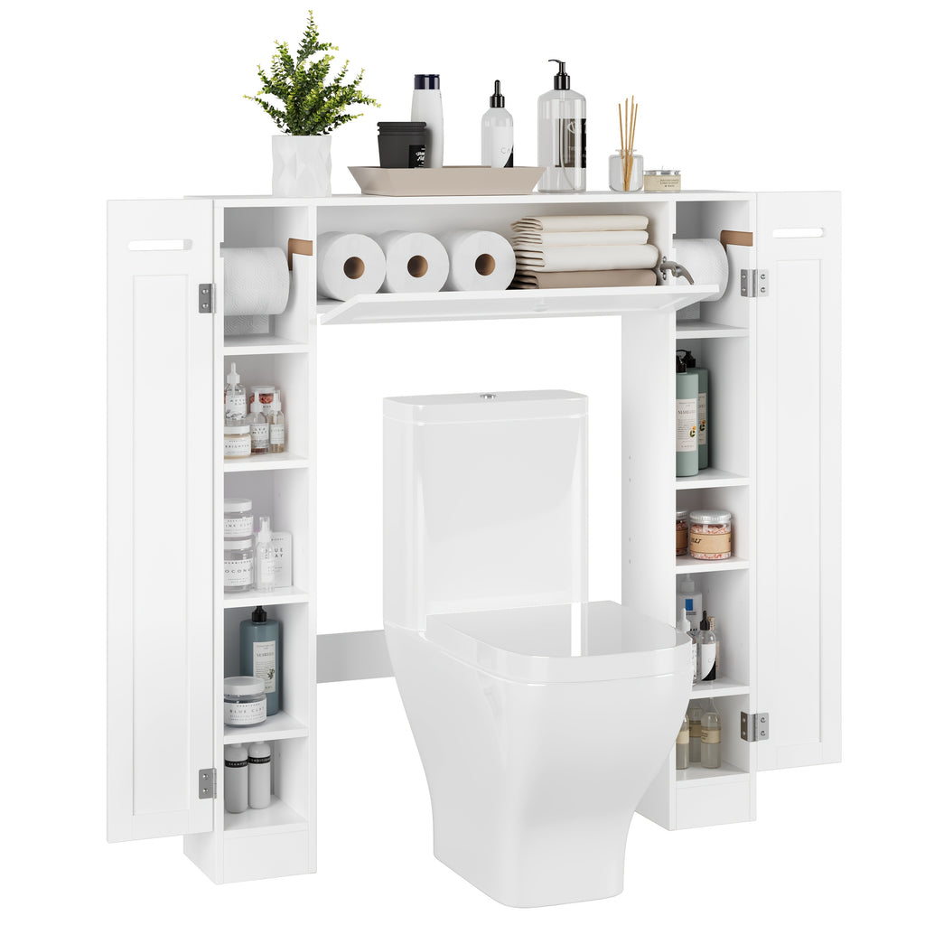 Over Toilet Storage Cabinet White Bathroom Cabinet with Toilet Paper Holder Adjustable Shelves Two Side Doors and Pull-Down Door Space Saving Bathroom Organizer