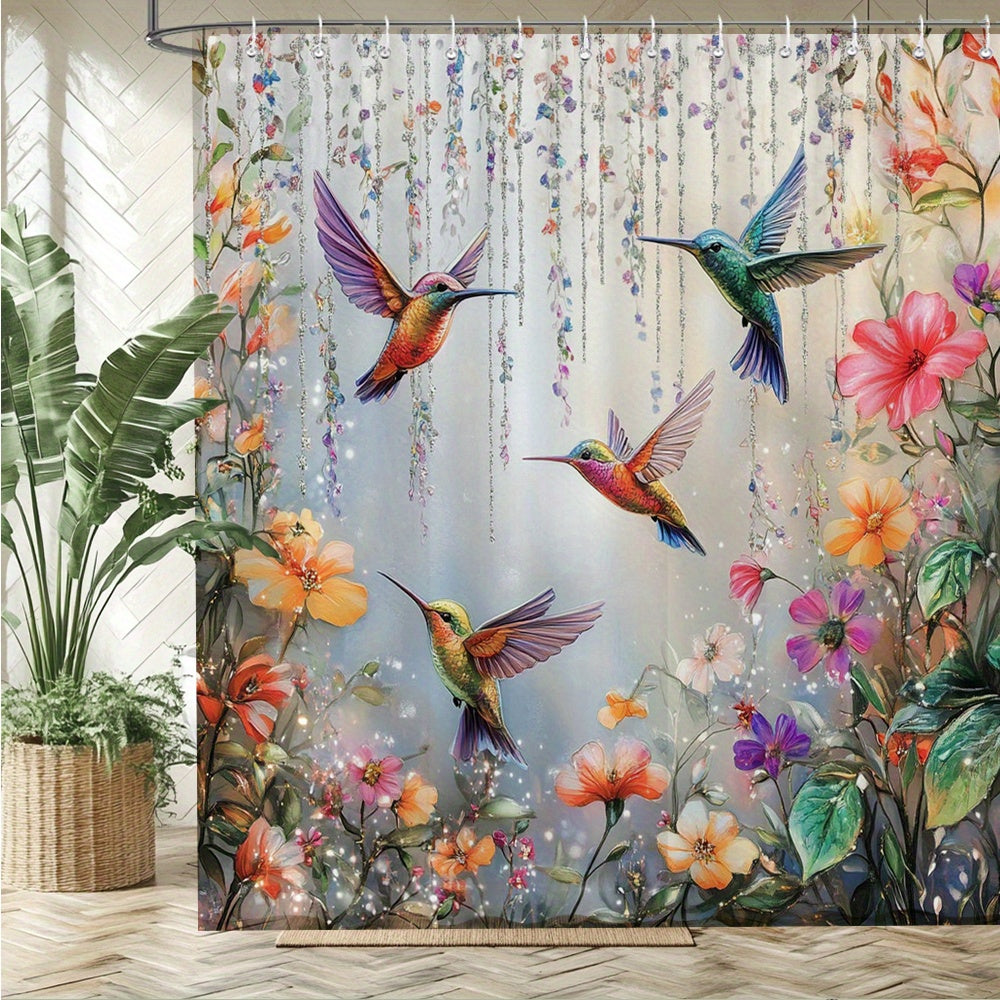 Hummingbird Floral Shower Curtain 70x70 Inch – Vibrant Iridescent Pink Orange Purple Flowers Polyester Fabric Machine Washable Nature Lover Bathroom Decor
