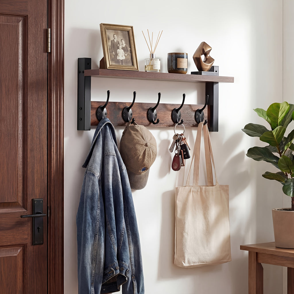 Wooden Wall-Mounted Shelf with 5 Hooks – Floating Coat Rack & Key Organizer for Entryway, Bedroom & Bathroom, Towel Hook Rail, Wall Storage for Kitchen & Living Room, Rustic Wood Hanging Shelf with Hooks