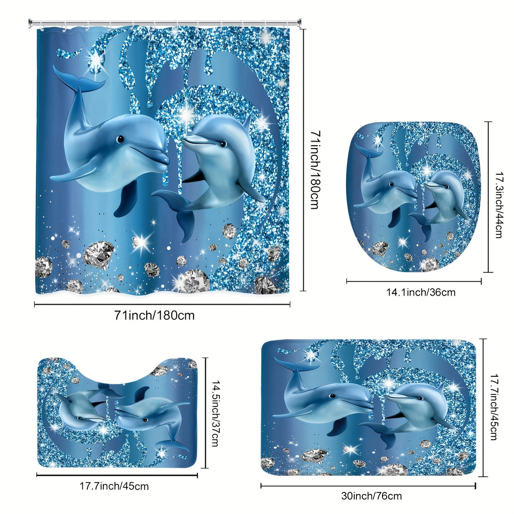 Blue Dolphin Shower Curtain Set 4 Piece – Cute Ocean Cartoon Bathroom Curtain with Non-Slip Rug, Toilet U-Shape Mat & Lid Cover + 12 Hooks | Coastal Bath Decor