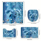 Blue Dolphin Shower Curtain Set 4 Piece – Cute Ocean Cartoon Bathroom Curtain with Non-Slip Rug, Toilet U-Shape Mat & Lid Cover + 12 Hooks | Coastal Bath Decor