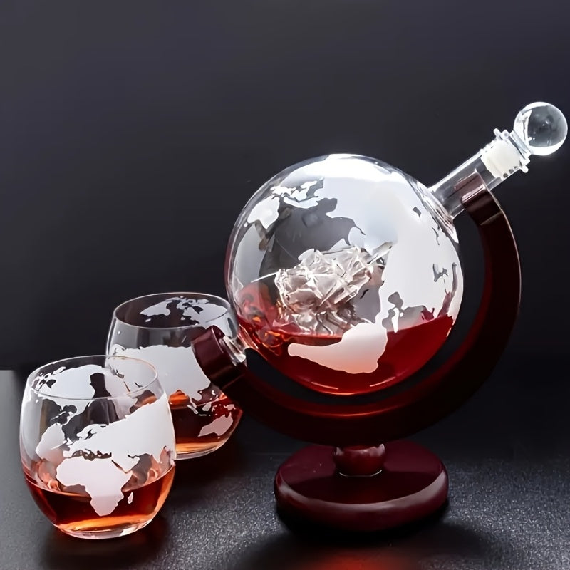 Whiskey Decanter Set for Men – Etched World Globe Design 28oz with Wooden Stand & Glass – Bourbon Scotch Decanter Gift for Dad, Husband & Home Bar