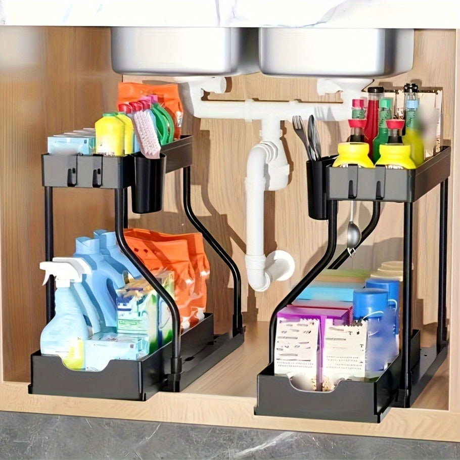Under Sink Organizer 2-Tier Sliding Cabinet Basket with Hooks – Bathroom Kitchen Under Sink Storage Shelf Rack Organizer