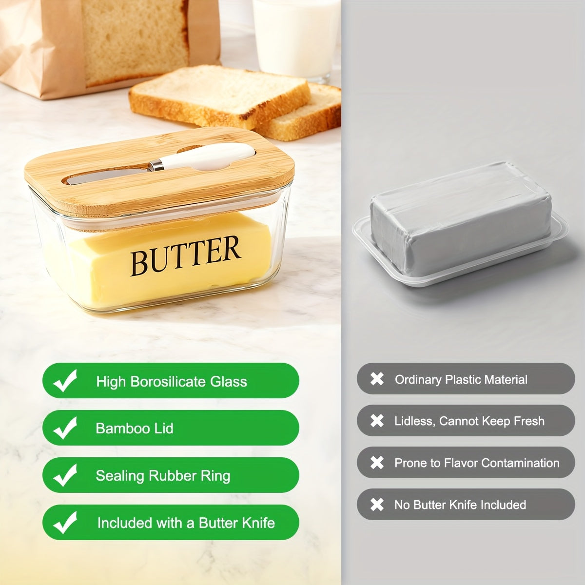 Glass Butter Dish with Lid & Knife, Large 1lb Capacity Butter Keeper with Airtight Seal for Countertop & Refrigerator Shelf, Clear Butter Container for Kitchen Decor, Great Housewarming Gift