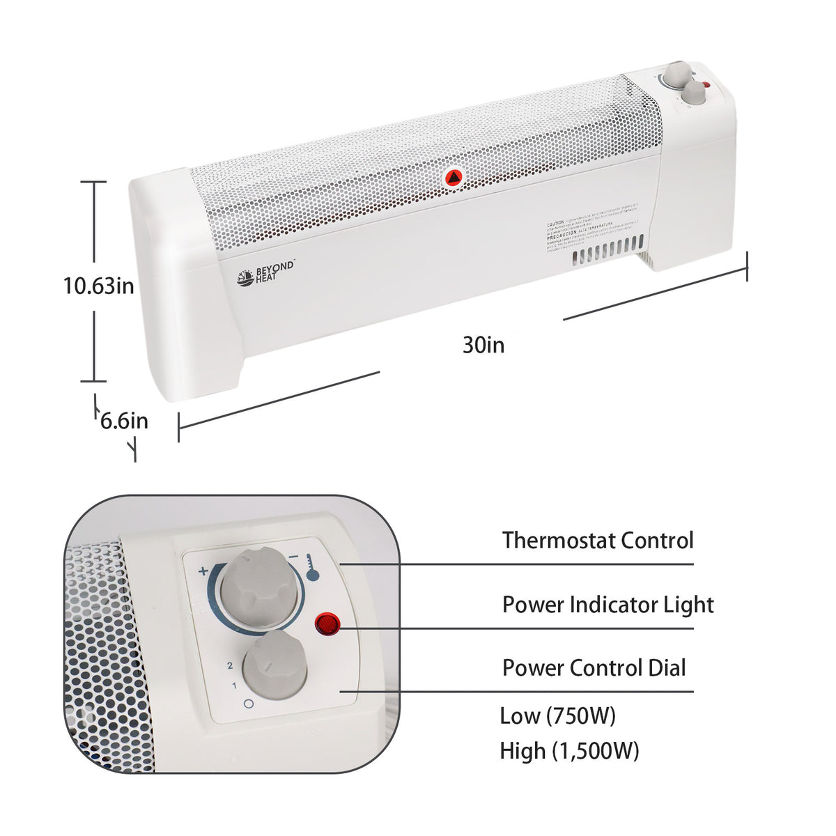Baseboard Heater Electric 1500W Convection Adjustable Thermostat Overheat Protection Tip-Over Safety Quiet Operation ETL Approved White Manual Digital