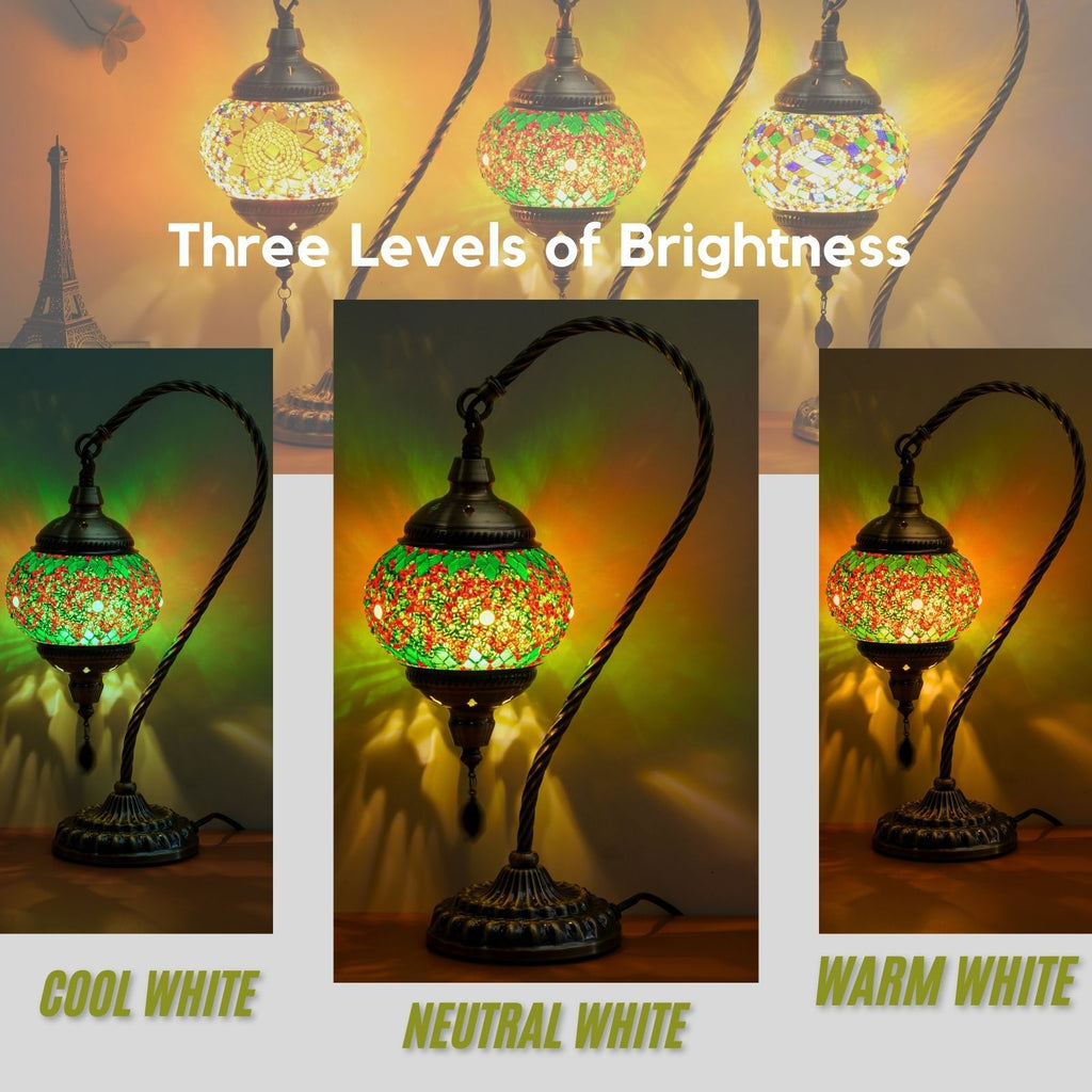 Turkish Mosaic Table Lamp Moroccan Style Handmade Swan Neck Mosaic Glass Bedside Lamp with Metal Base - 3 Color Modes Dimmable LED Bulb Included - Bedroom Living Room Decor Gift