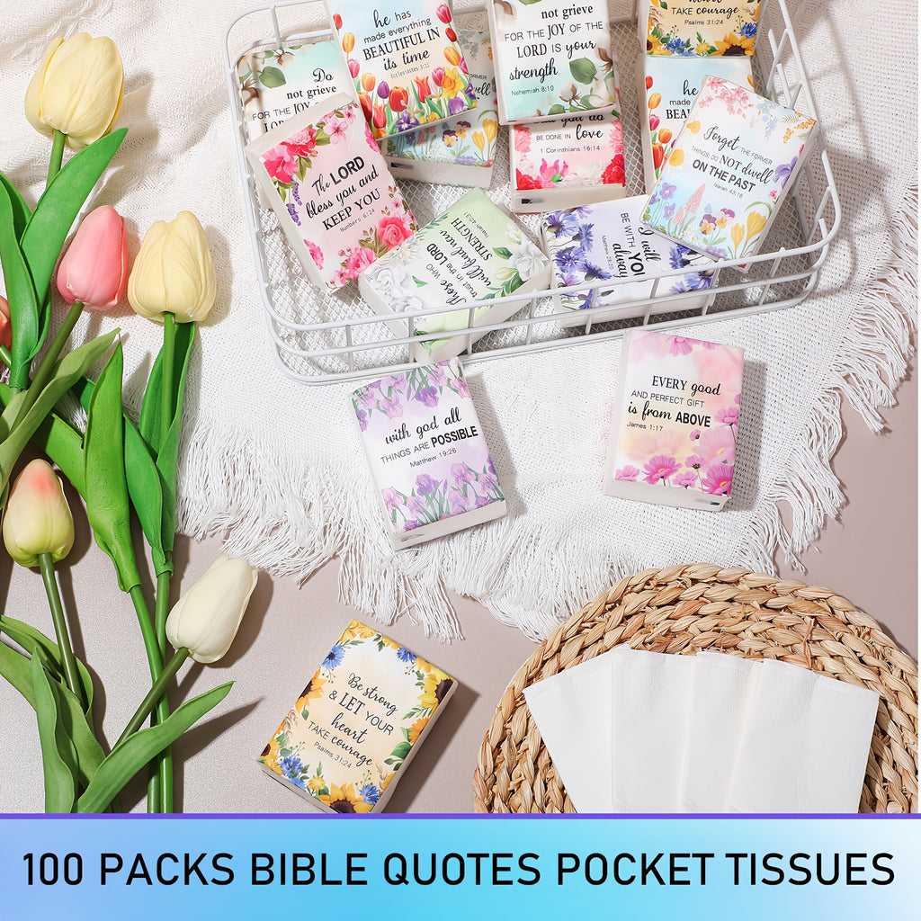 Inspirational Bible Verse Pocket Tissues 100pcs – Individually Wrapped 3-Ply Motivational Quote Tissues for Weddings, Church Events, Thanksgiving Gifts & Party Favors