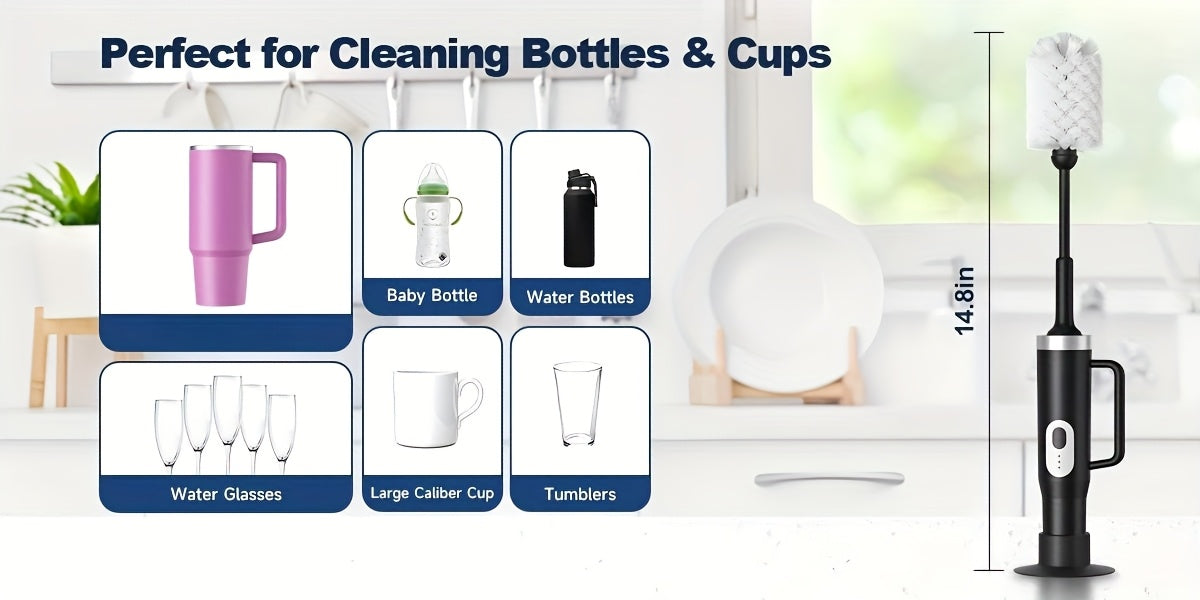Electric Cup Scrubber 2-Speed IPX6 Waterproof – Type-C Rechargeable Bottle Brush Cleaner for 40oz Mugs, Tumblers & Water Bottles, Long Straw Brush & Wall Mount Storage, Kitchen Cleaning Tool
