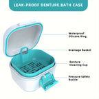 Denture Bath Case with Drainage Basket - Leak Proof Portable Travel Denture Soaking Cup Storage Container Silicone Ring Safety Buckle