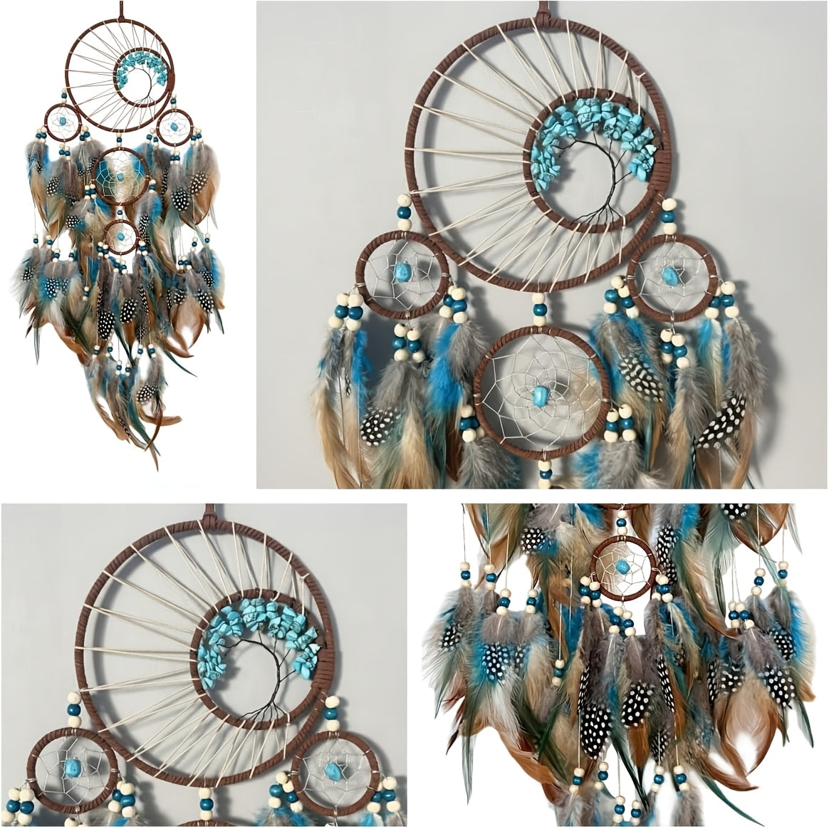Handmade Feather Dreamcatcher Wall Hanging – Tree of Life Bohemian Wall Decor with Blue Green Brown Plumes, Boho Dream Catcher for Bedroom Living Room Nursery, Spiritual Home Decor Gift