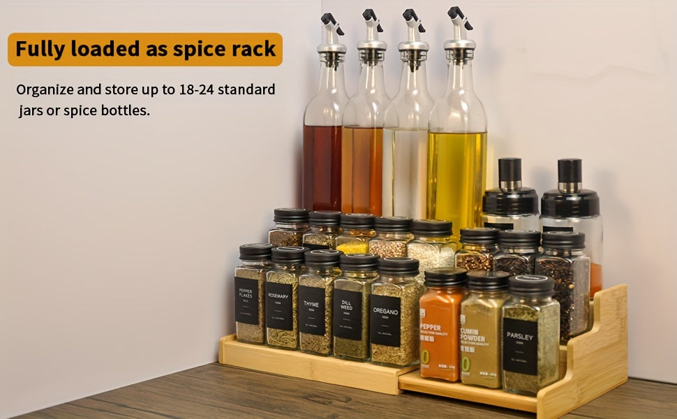 Bamboo 3-Tier Ladder Spice Rack & Kitchen Cabinet Organizer – Expandable Countertop Shelf for Spice Jars, Bottles & Pantry Storage – Space-Saving Kitchen Display Stand