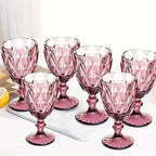 Vintage Amber Stemmed Wine Glasses Set of 6 – 11.5oz Floral Etched Colored Glass Goblets for Wine, Water & Cocktails – Wedding, Party & Bar Glassware