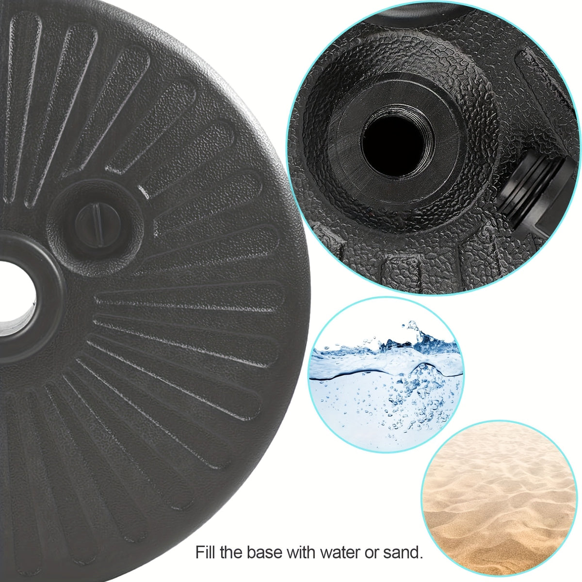 Heavy Duty Patio Umbrella Base Stand 20in Round 50LBS Water Sand Fillable Steel Holder for Outdoor Market Lawn Garden Black