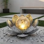 Solar Lotus Flower Garden Light with Cracked Glass Globe & LED Beads, Waterproof Outdoor Stake Light for Patio, Lawn, Steps & Yard, Auto Dusk-to-Dawn, Black White Solar Decorative Landscape Light