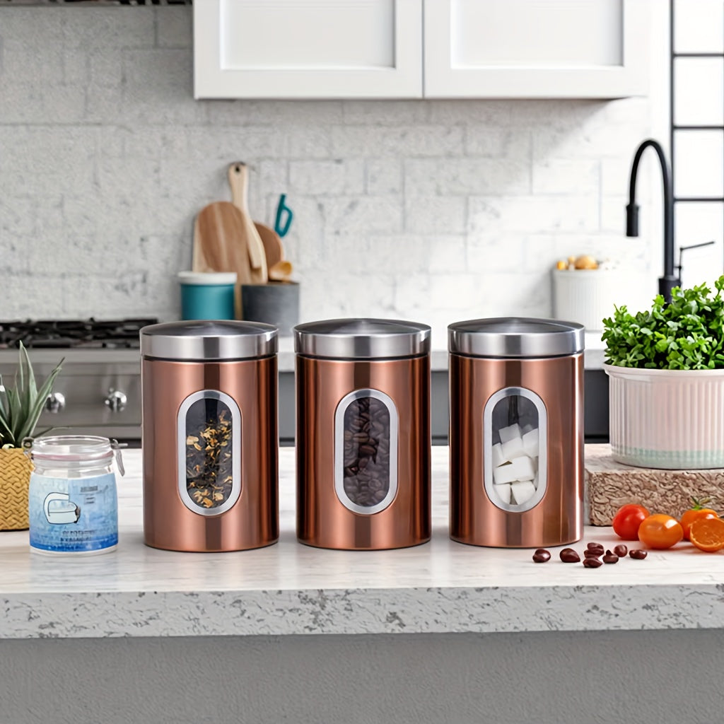 Airtight Stainless Steel Canister Set of 3 – Copper Finish with Visible Window, Round Food Storage Containers for Coffee Beans, Tea, Sugar, Flour & Pantry