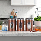 Airtight Stainless Steel Canister Set of 3 – Copper Finish with Visible Window, Round Food Storage Containers for Coffee Beans, Tea, Sugar, Flour & Pantry