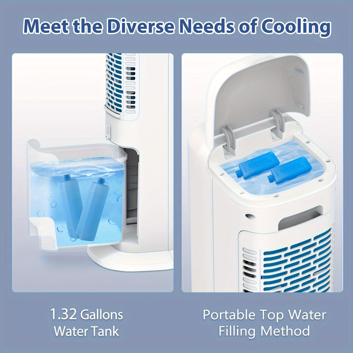 Portable Evaporative Cooler – Bladeless Tower Fan with Ice Cooling & Humidifier | 3-in-1 Swamp Air Cooler, 4 Ice Packs, 70° Oscillation, 1.32 Gal | Bedroom, Kitchen & Office