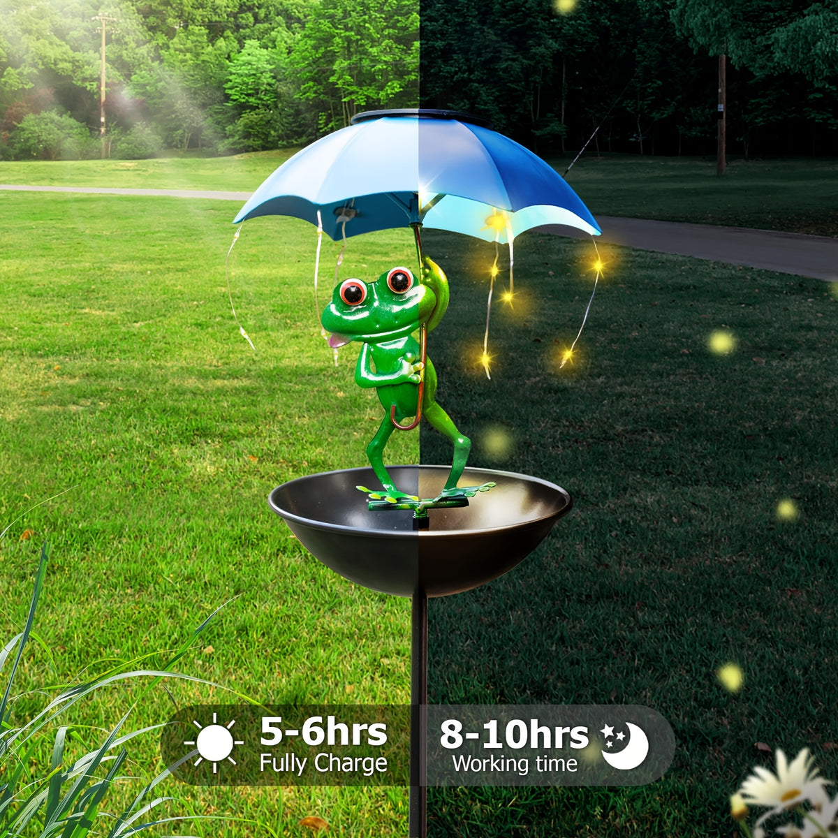 Solar Iron Frog with Umbrella Garden Statue – LED Solar Outdoor Light, Auto Dusk-to-Dawn, Bird Feeder Design for Patio, Lawn, Pathway & Deck Decor, Valentine’s Day Gift