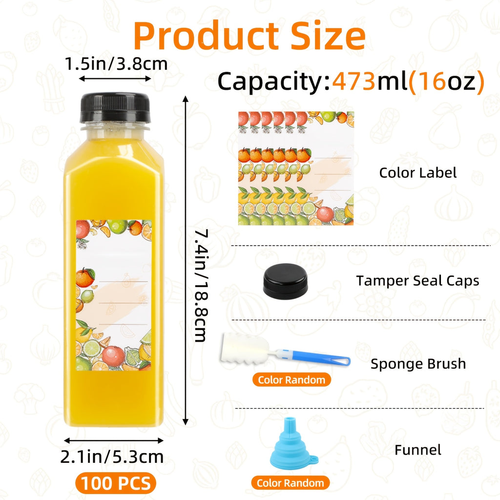 100pcs Bulk Reusable Juice Bottles with Flip-Top Caps, Labels, Funnel & Brush – Clear 12oz/16oz Plastic Containers for Juice, Smoothies, Milkshakes & Iced Coffee
