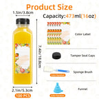 100pcs Bulk Reusable Juice Bottles with Flip-Top Caps, Labels, Funnel & Brush – Clear 12oz/16oz Plastic Containers for Juice, Smoothies, Milkshakes & Iced Coffee