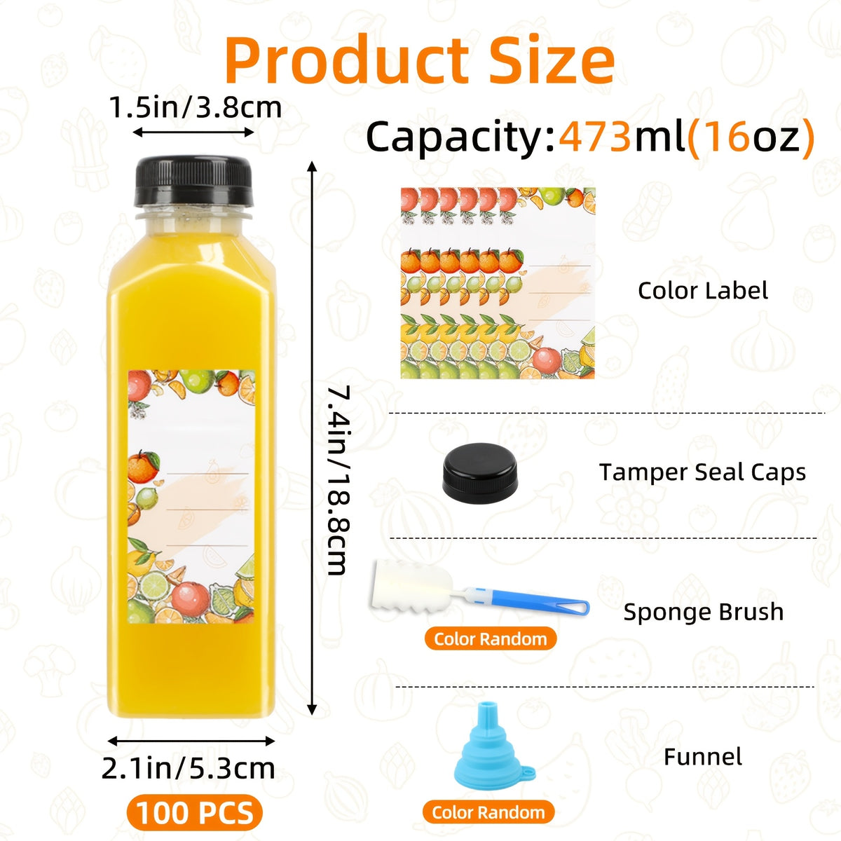 100pcs Bulk Reusable Juice Bottles with Flip-Top Caps, Labels, Funnel & Brush – Clear 12oz/16oz Plastic Containers for Juice, Smoothies, Milkshakes & Iced Coffee
