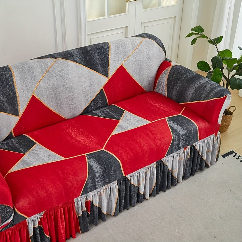Sofa Cover Slipcover with Printed Skirt – Elastic Pet Anti-Dirt Protection for Living Room, 2/3/4-Seater & Single, All-Purpose Couch Cushion Cover Home Decor