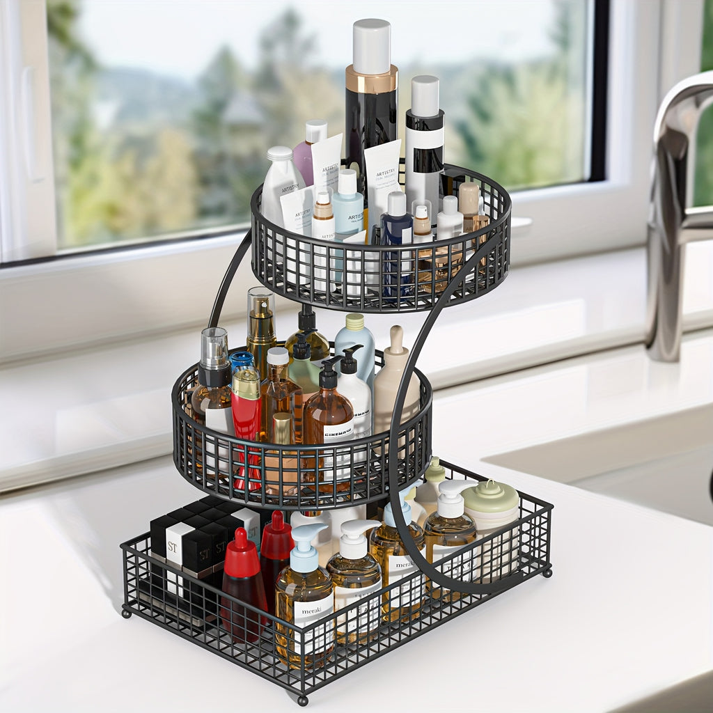 3-Tier Metal Makeup & Cosmetic Storage Rack, No-Install Countertop Organizer for Vanity, Dressing Table & Bathroom — Modern Tabletop Display Shelf, White & Dark
