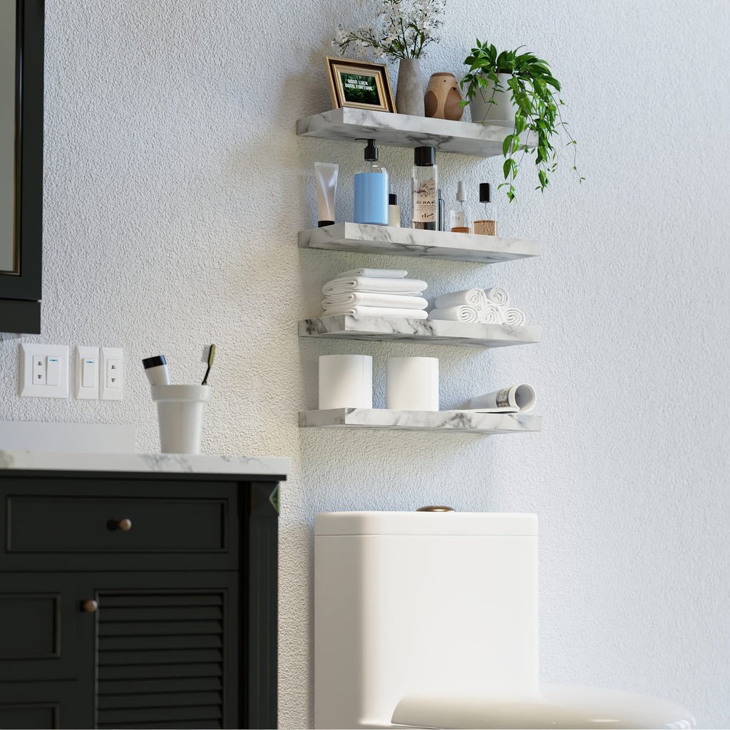 Floating Shelves Wall Mounted Set of 4 – Modern Wall Shelves with Invisible Brackets, Marble Surface Display Shelf for Bedroom, Bathroom, Kitchen & Living Room, Easy No-Drill Install