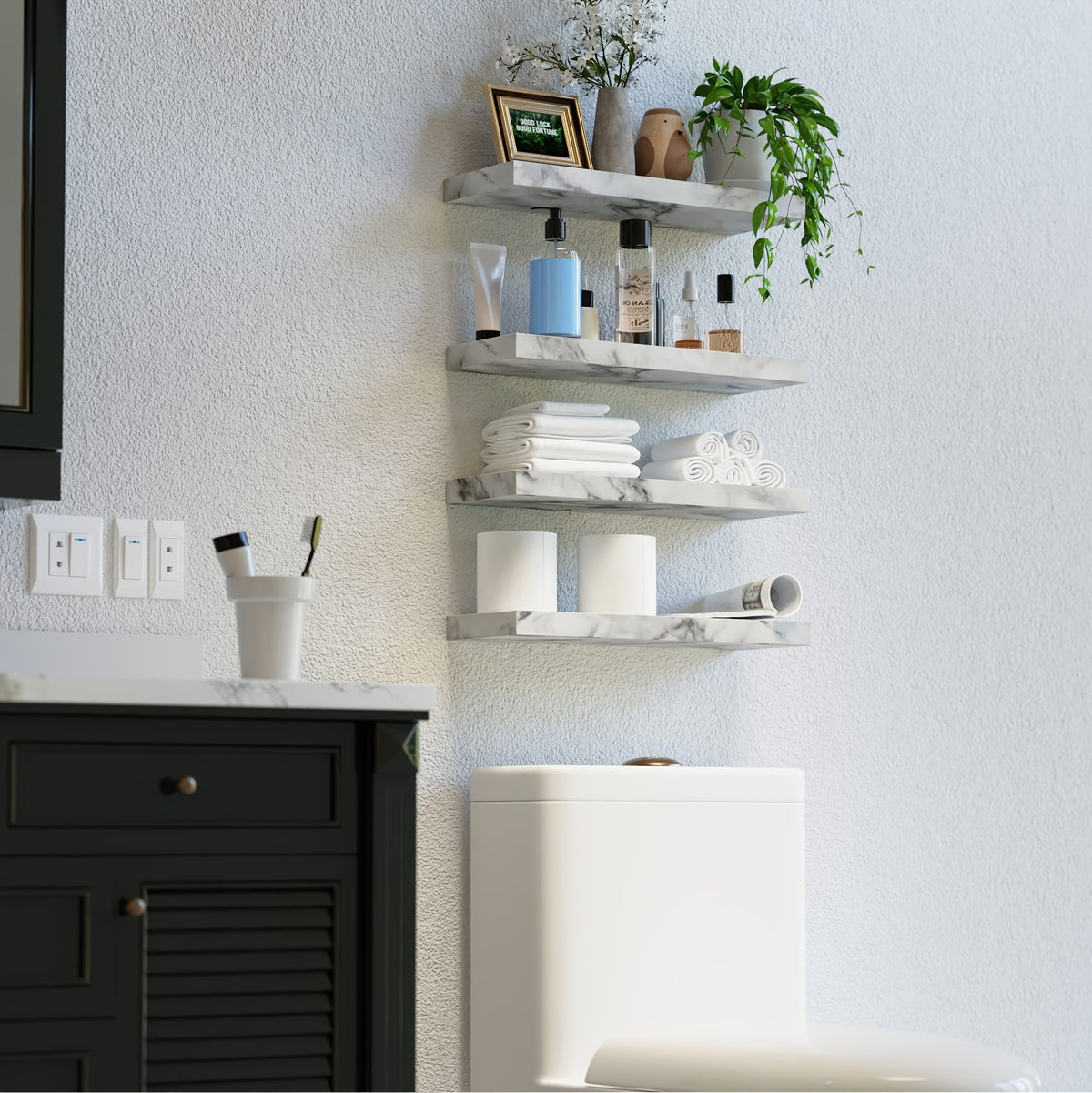 Floating Shelves Wall Mounted Set of 4 – Modern Wall Shelves with Invisible Brackets, Marble Surface Display Shelf for Bedroom, Bathroom, Kitchen & Living Room, Easy No-Drill Install