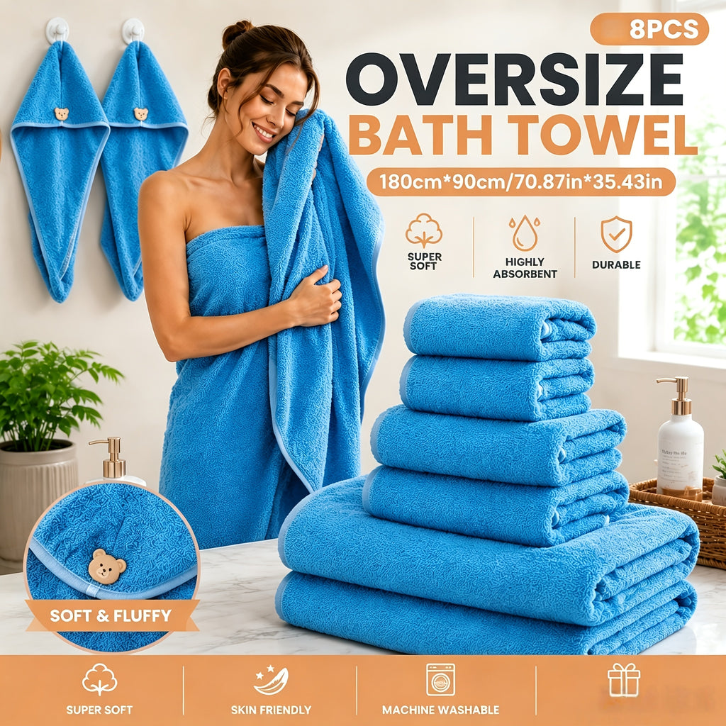 Microfiber Bath Towel Set 4 or 8 Piece – Extra Large 71×35” Ultra-Soft Quick Dry – Includes Bath Towel, Hand Towels, Washcloths & Hair Drying Cap for Bathroom, Hotel & Gym