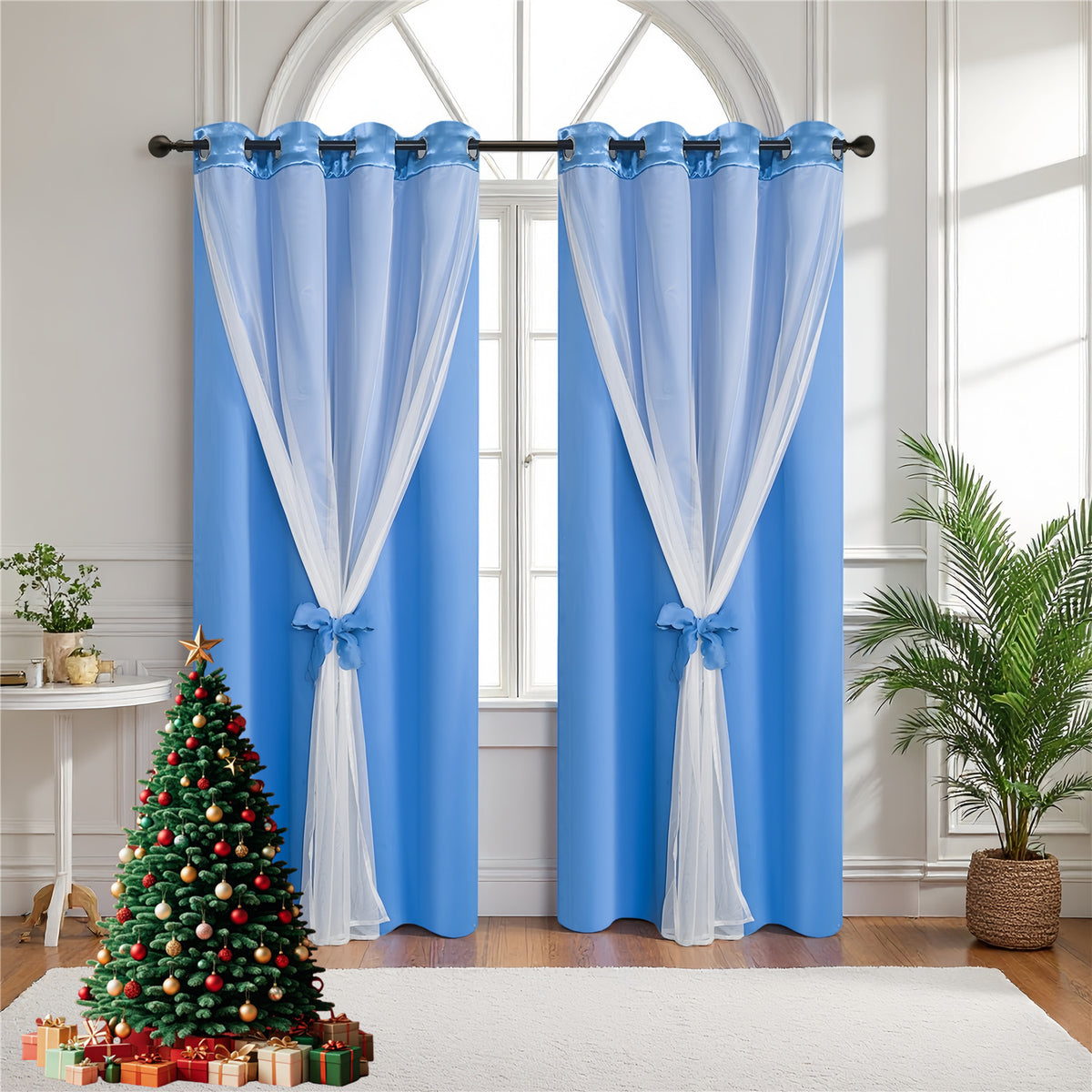 Double Layer Curtains Snowflake Embroidered Sheer Voile + Room Darkening Grommet Drapes – Thermal Insulated Tiebacks Included | 7 Colors Pack of 2