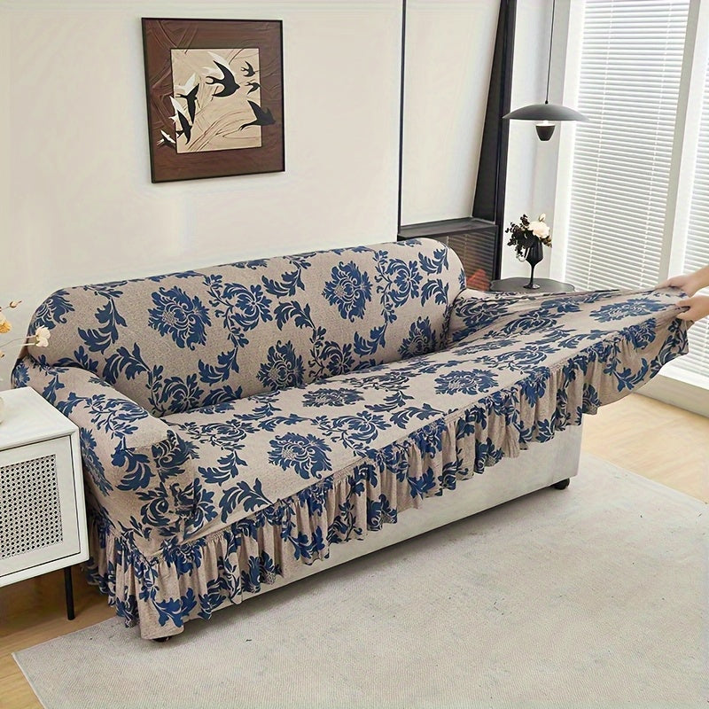 High-Stretch Print Sofa Cover with Non-Slip Fixed Rod All-Season Snug-Fit Couch Slipcover – Stable, Beautiful & Practical Furniture Protector for Living Room, Skirt Style Design