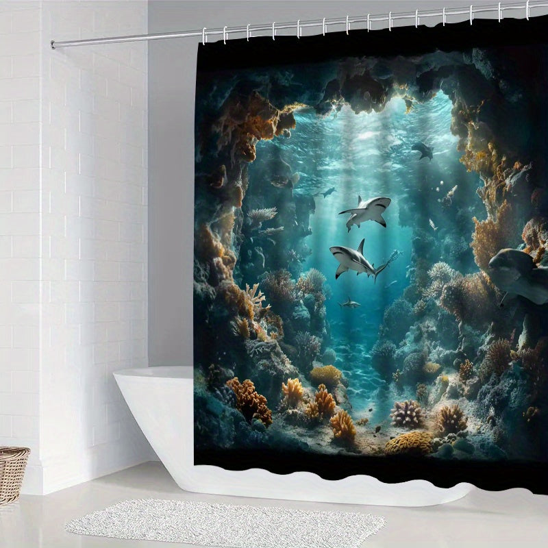 4pcs Shark Ocean Bathroom Set Shower Curtain 71x71 Inch Toilet Lid Cover U-Shape Mat - Underwater Cave Beach Theme Bath Decor for Kids Adults | Nuvia Haven