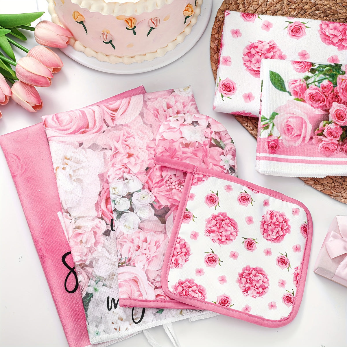 8-Piece Kitchen Towels and Dishcloths Set with Oven Mitts and Pot Holders - Absorbent Heat Resistant Kitchen Linen Set for Baking Cooking and Chef Use - Practical Kitchen Gift Set