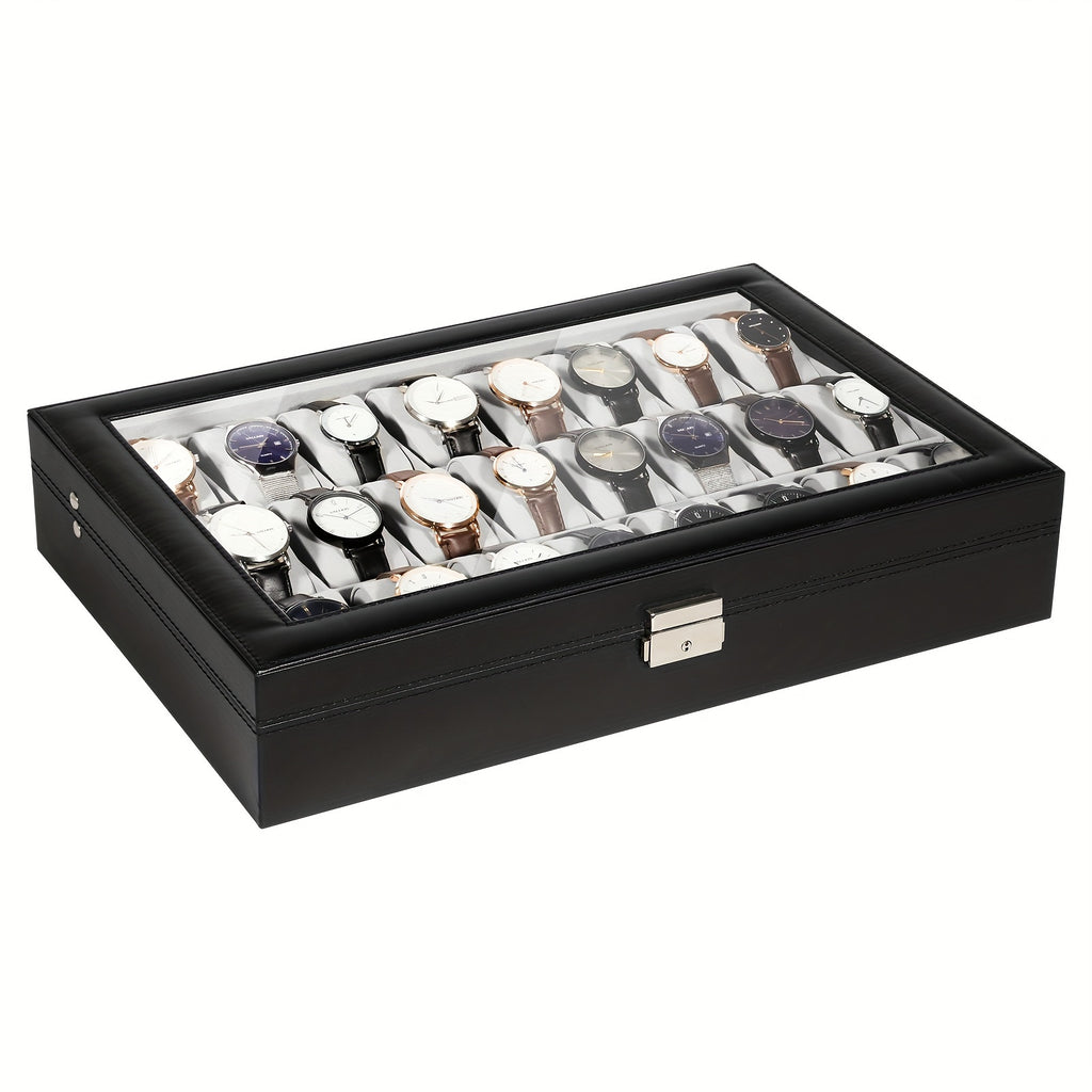 24-Slot Watch Box Organizer with Large Glass Lid & Key Lock, Faux Leather Watch Display Case for Men & Women, Tabletop Jewelry Storage Box for Watches, Wristwatch Collection Gift