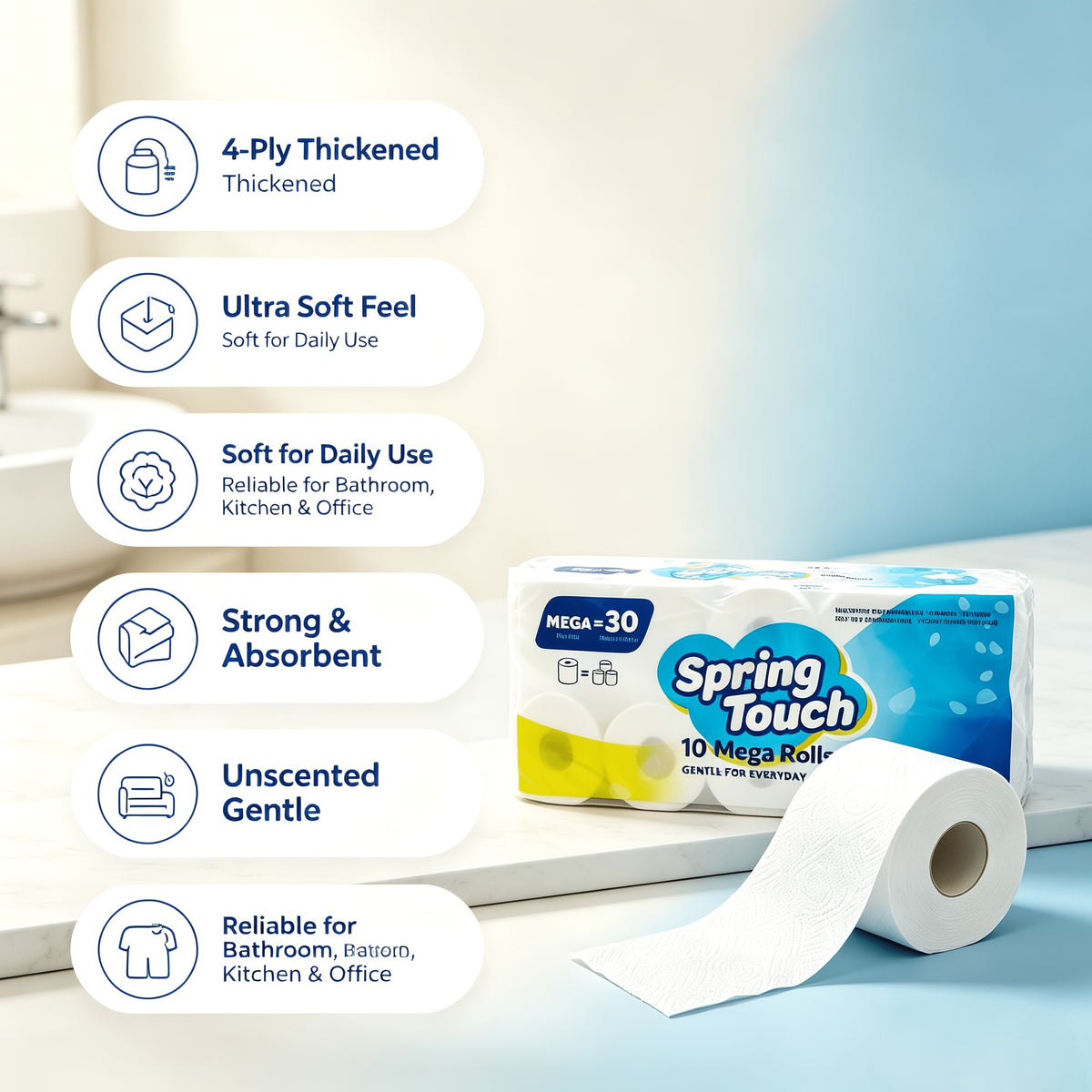 Ultra Soft Toilet Paper 4-Ply Thick Undyed Tissue Rolls, No Lint No Crumbs, Premium Bathroom Tissue for Home Hotel Office, Available in 1, 2 & 6 Roll Packs