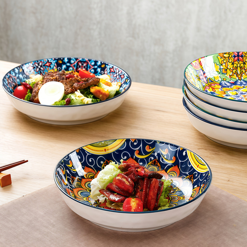Bohemian Ceramic Dinner Plates Set of 6 – Large Salad & Entree Plates for Pasta, Baking & Serving – Boho Home & Restaurant Dinnerware, Gift-Ready