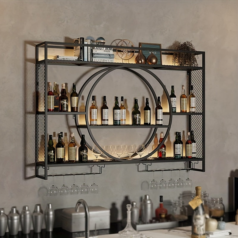 Wall Mounted Wine Bottle Rack with LED Lighting 3-Tier Floating Iron Shelf with Glass Holder for Kitchen Living Room Bar Golden Black 39-55 Inch