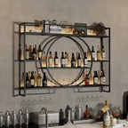 Wall Mounted Wine Bottle Rack with LED Lighting 3-Tier Floating Iron Shelf with Glass Holder for Kitchen Living Room Bar Golden Black 39-55 Inch