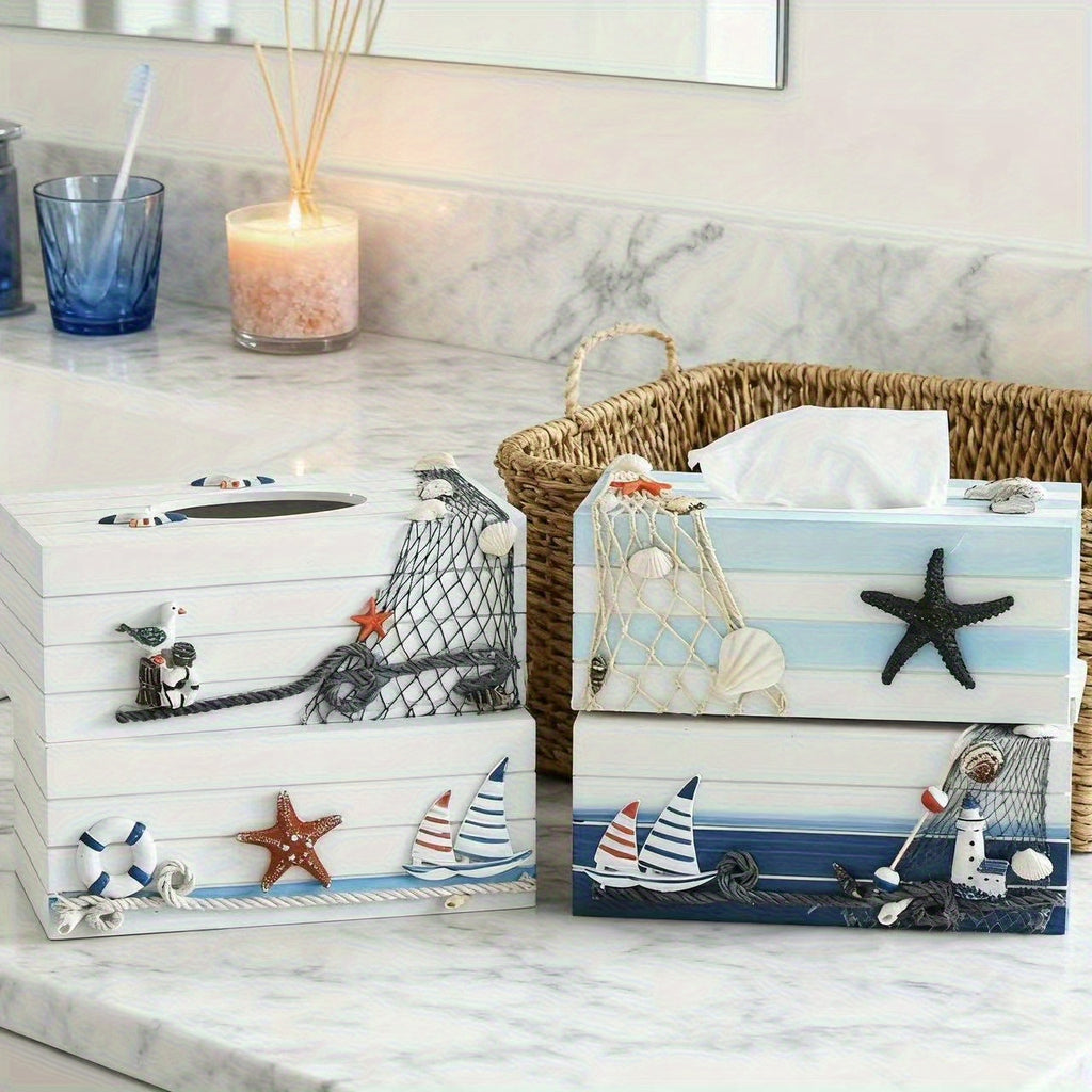 Nautical Tissue Box Cover Coastal Decor - Decorative Wood Tissue Dispenser with Rope & Sailboat Detail, Beach Theme Tissue Holder for Living Room, Bathroom & Office, Mediterranean Style Home Accent
