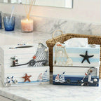 Nautical Tissue Box Cover Coastal Decor - Decorative Wood Tissue Dispenser with Rope & Sailboat Detail, Beach Theme Tissue Holder for Living Room, Bathroom & Office, Mediterranean Style Home Accent