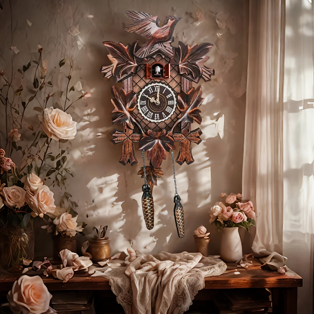 Wooden European Forest Style Cuckoo Wall Clock with Night Mode & Singing Bird – Battery Operated Handmade Carved Cuckoo Clock for Adult Bedroom, Living Room & Home Decor