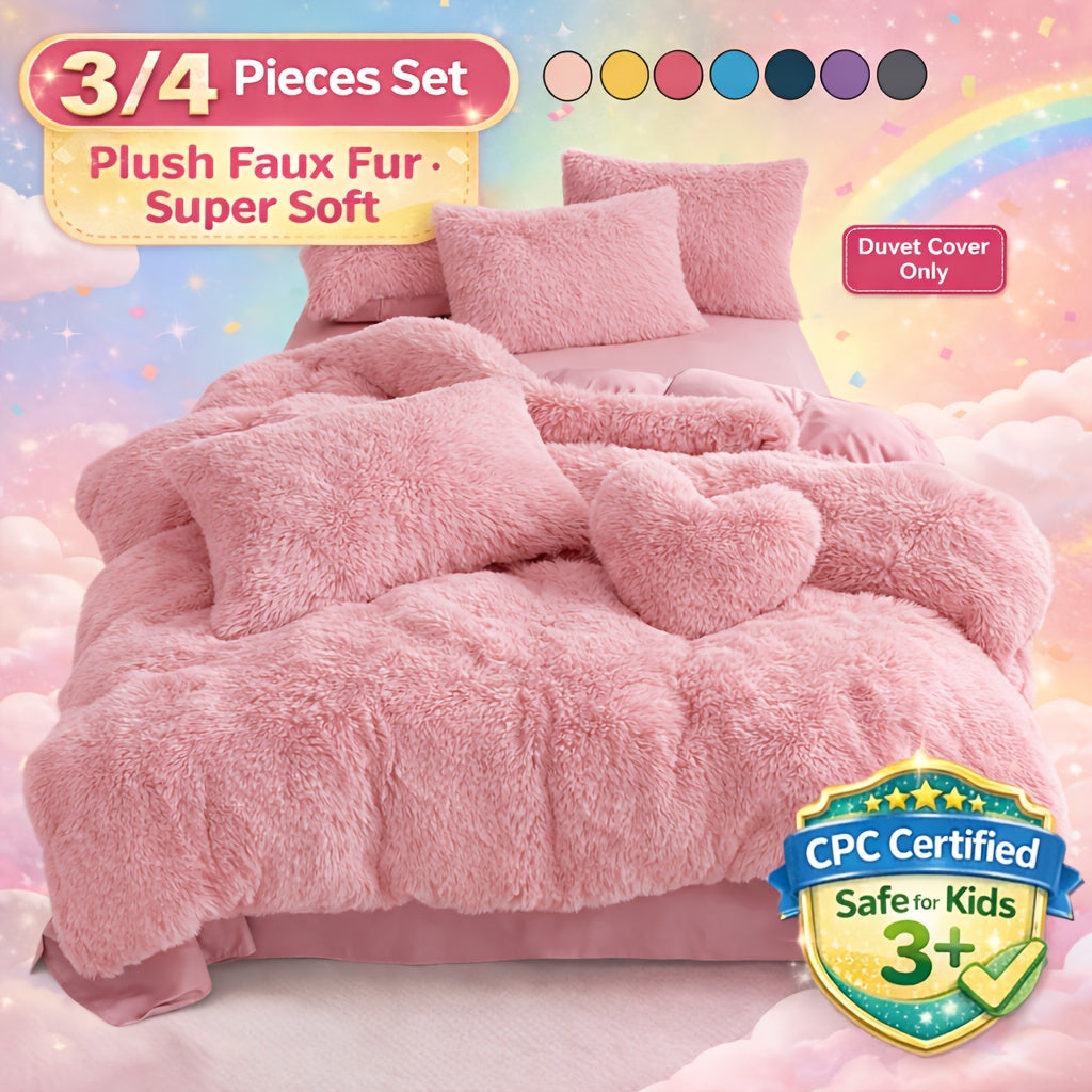 Plush Faux Fur Duvet Cover Set for Kids & Teens, 3/4 Pcs with Pillowcases & Heart Pillow, Super Soft Warm Faux Fur Comforter Cover, Machine Washable Lodge Style Bedding, Twin Queen King