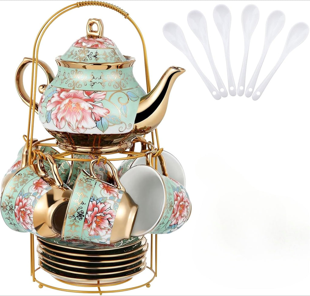 20 Piece Ceramic Tea Set Floral Design – European Afternoon Tea Service with Teapot, Cups, Saucers & Metal Stand – Blooming Style, Gift for Tea Lovers